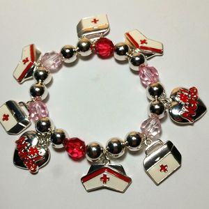 Nurse Charm Bracelet LAST ONE Silver/Red Beads Heavy Stretch Cord NWT